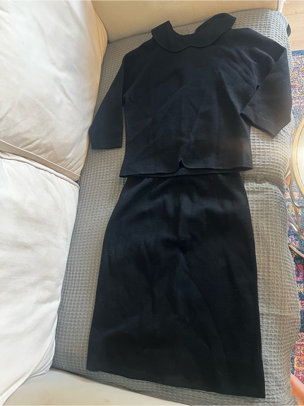 100 wool Black Women's Two-Piece Skirt Set with Peter Pan Collar